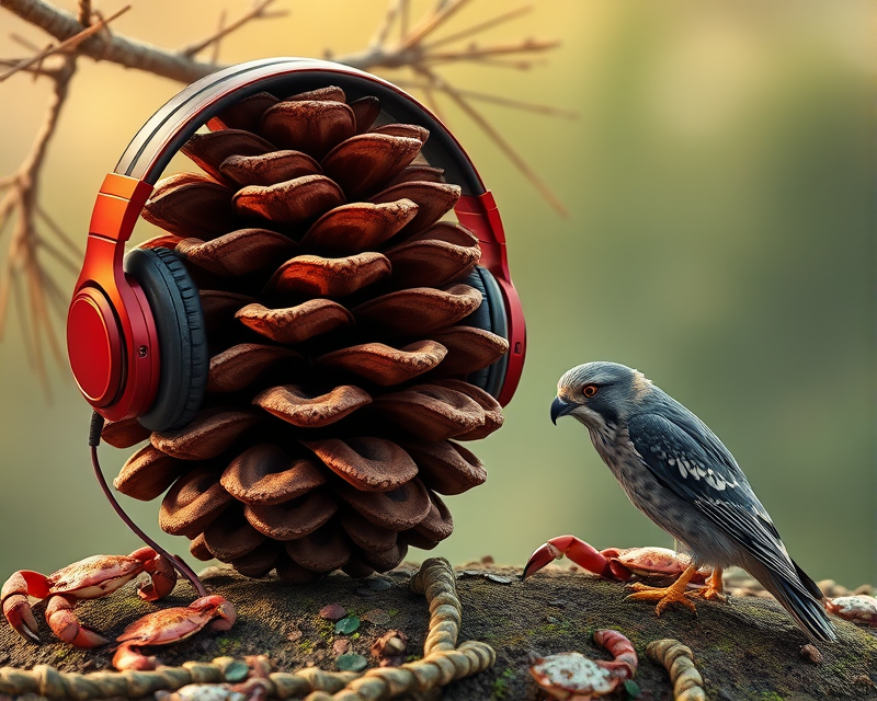 pinecone, headphones, crab, falcon