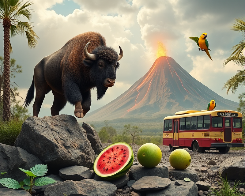 pinecone, volcano, medal, bison, watermelon, ring, rock, bus, lime, yellow, parrot, unicycle