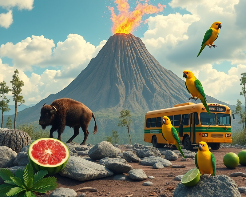 pinecone, volcano, medal, bison, watermelon, ring, rock, bus, lime, yellow, parrot, unicycle