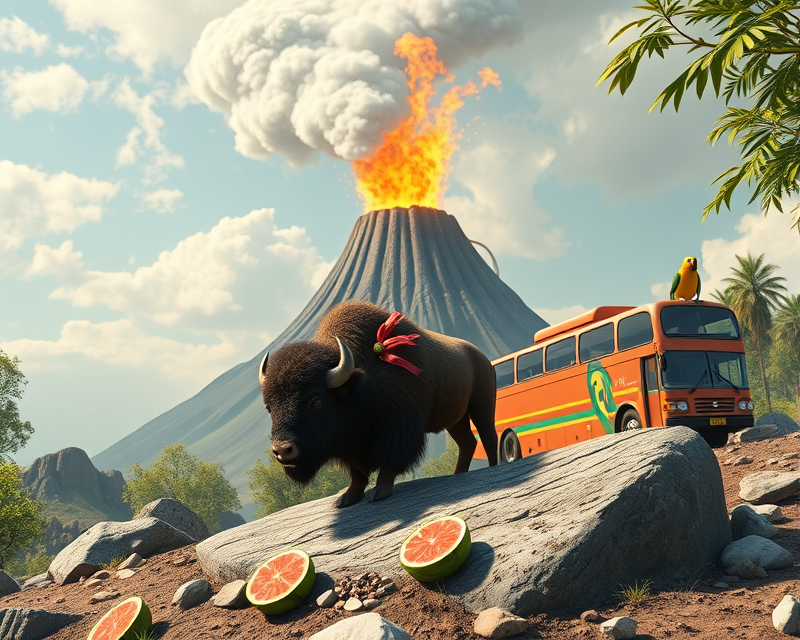 pinecone, volcano, medal, bison, watermelon, ring, rock, bus, lime, yellow, parrot, unicycle