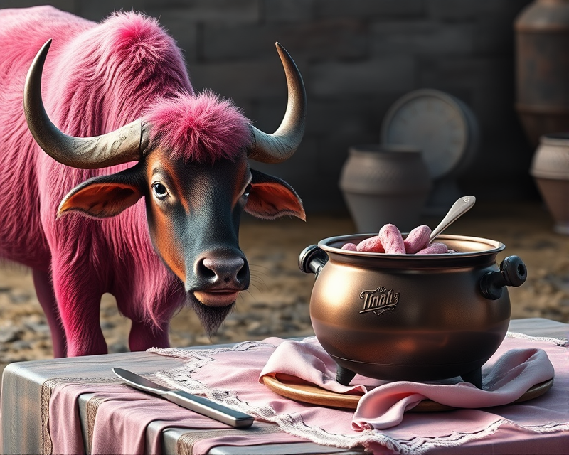 pink, buffalo, cauldron, napkin