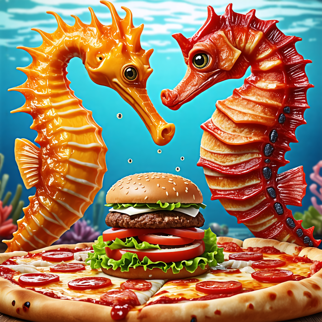 pizza, seahorse, hamburger