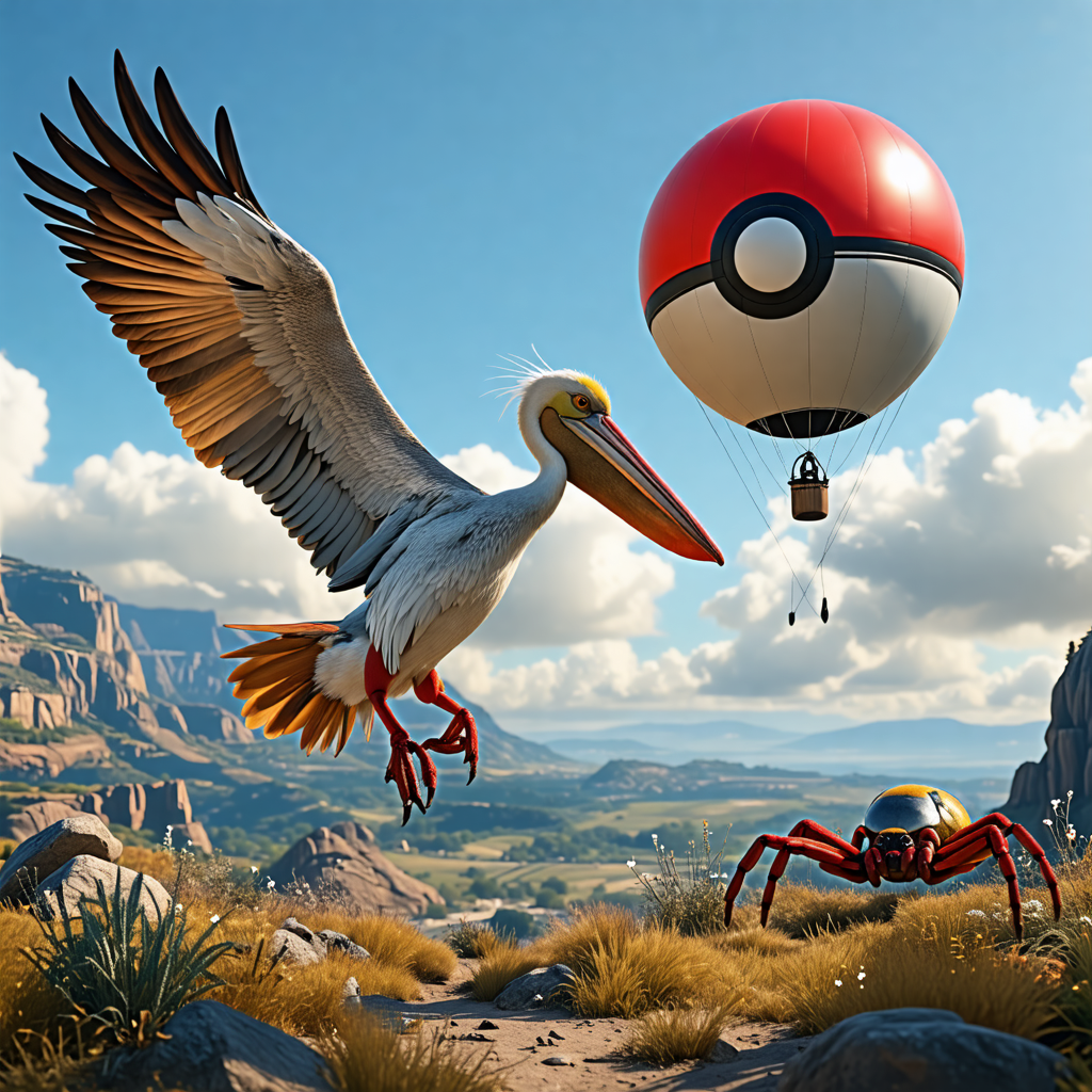 pokeball, airplane, pelican, tarantula, balloon