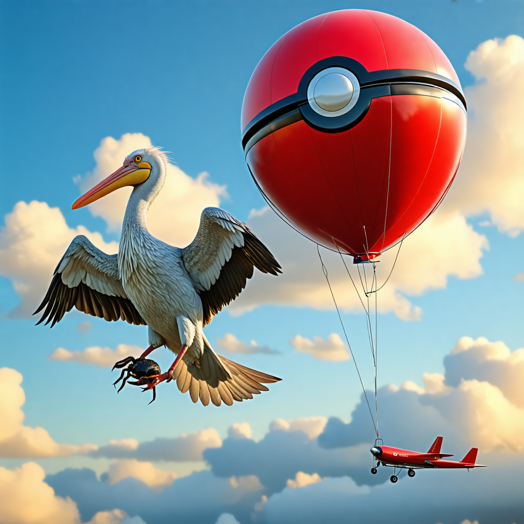 pokeball, airplane, pelican, tarantula, balloon