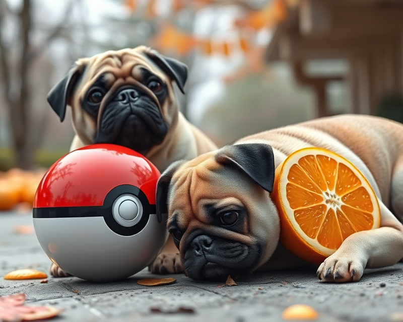 pokeball, pug, orange