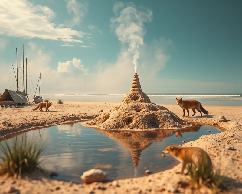 pond, smoke, sandcastle, beach, fox