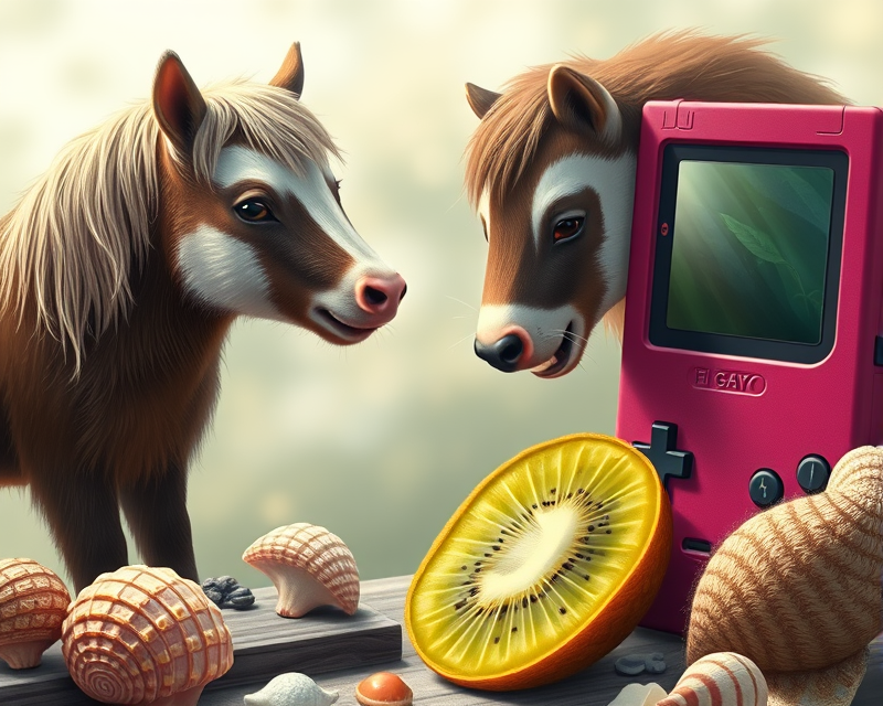 pony, ferret, gameboy, kiwi, seashell