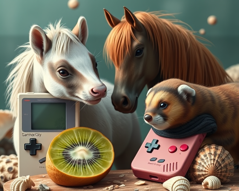 pony, ferret, gameboy, kiwi, seashell