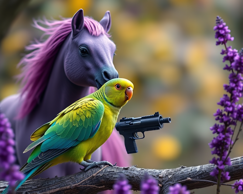 pony, gun, parakeet, purple