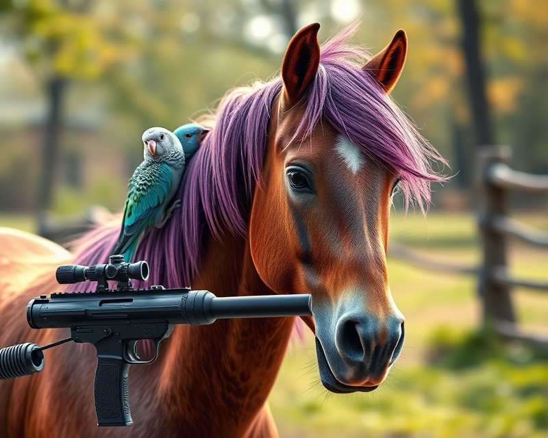 pony, gun, parakeet, purple