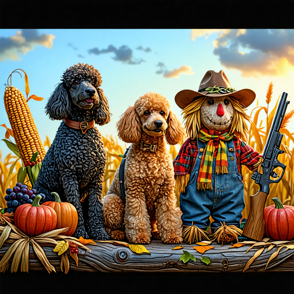 poodle, buffalo, grape, anteater, corn, scarecrow, gun, wreath