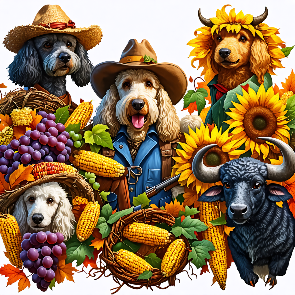 poodle, corn, grape, scarecrow, anteater, gun, buffalo, wreath