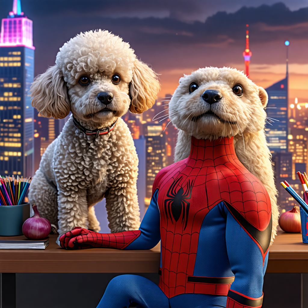 poodle, otter, desk, spiderman, onion