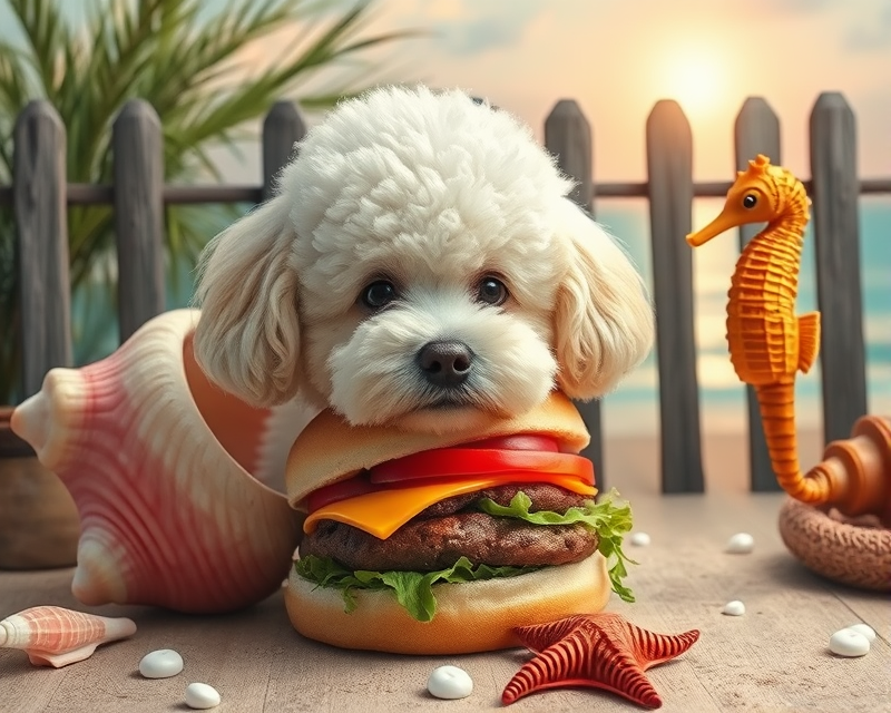 poodle, seashell, hamburger, seahorse, fence