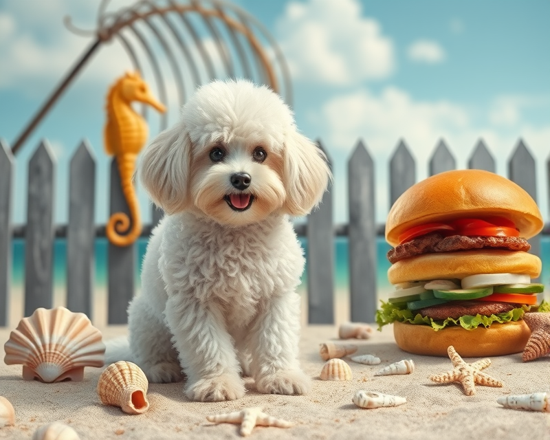 poodle, seashell, hamburger, seahorse, fence