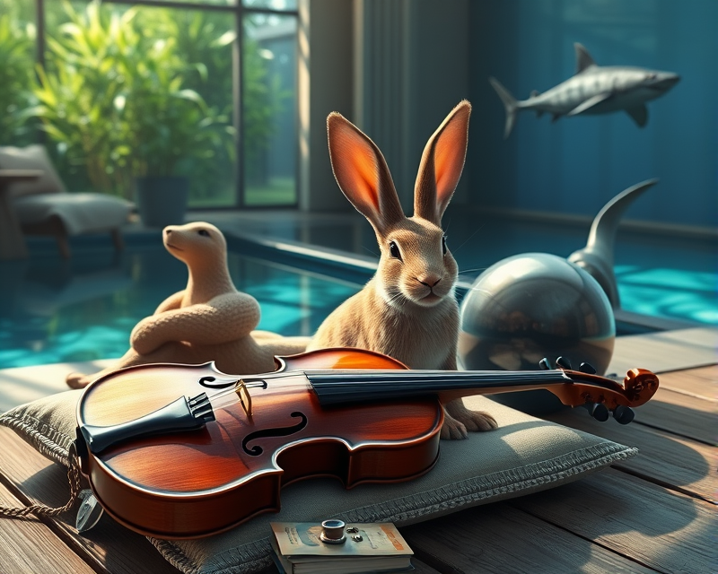 pool, cushion, violin, rabbit, shark