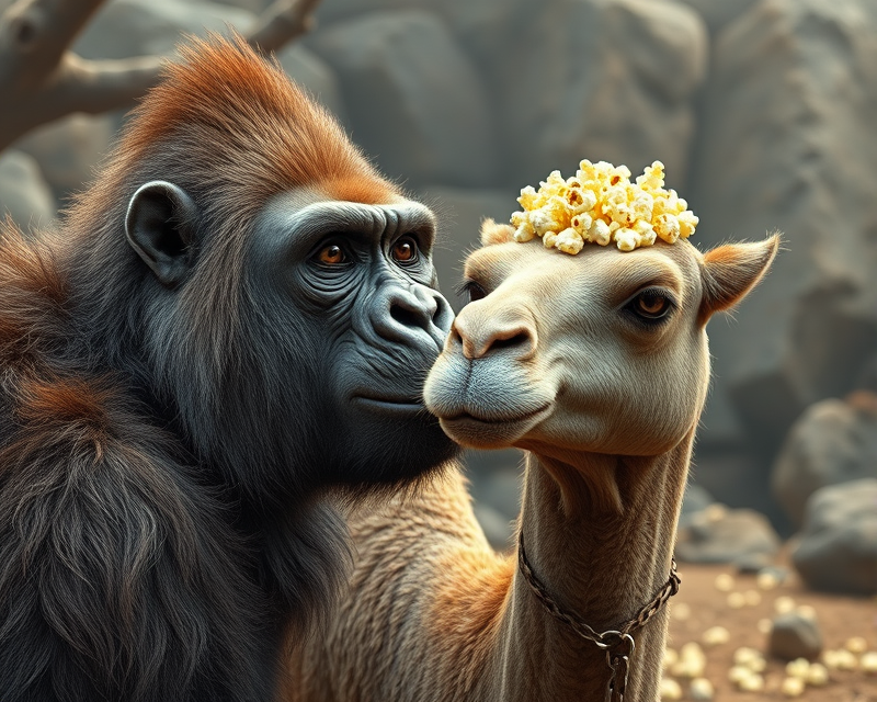 popcorn, gorilla, camel