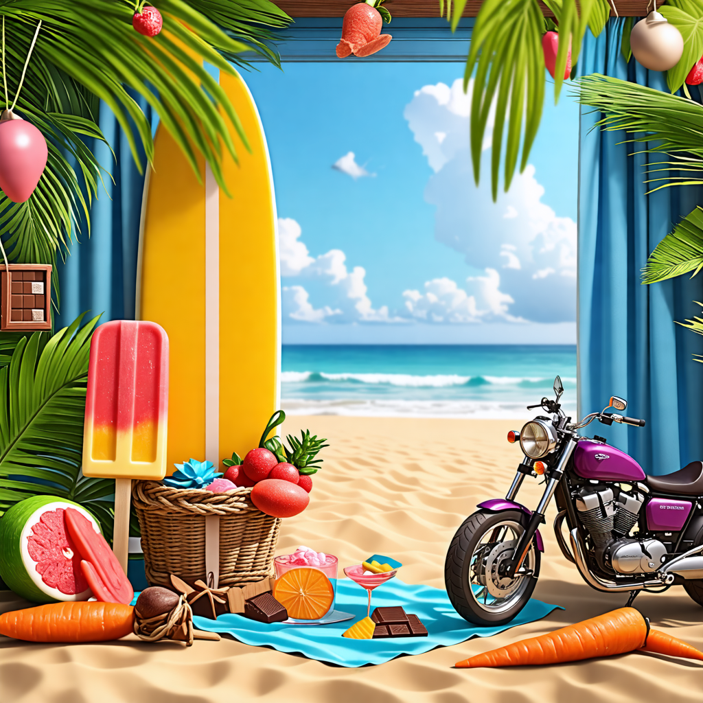 popsicle, fish, motorcycle, surfboard, carrot, rope, chocolate, chair, curtain, glasses