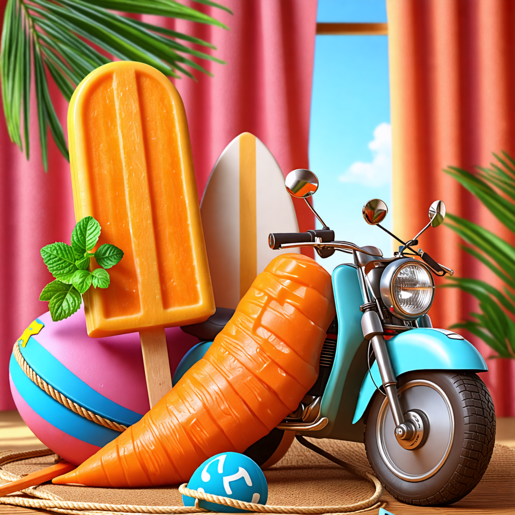 popsicle, fish, motorcycle, surfboard, carrot, rope, chocolate, chair, curtain, glasses