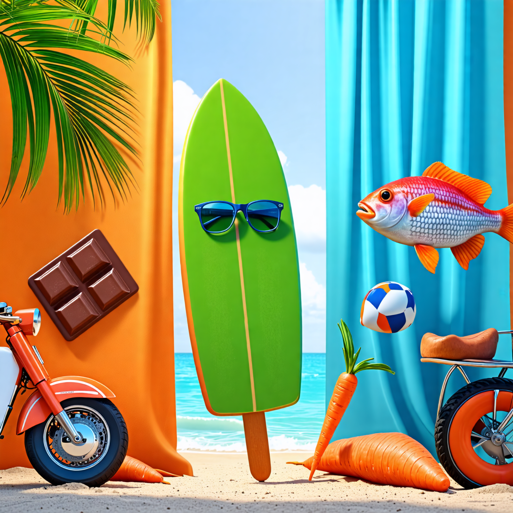 popsicle, fish, motorcycle, surfboard, carrot, rope, chocolate, chair, curtain, glasses