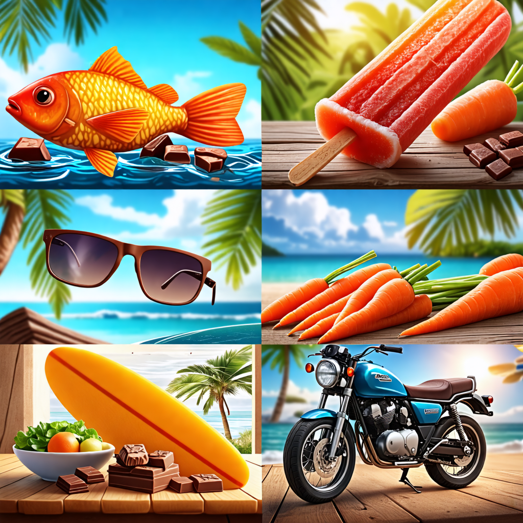 popsicle, fish, motorcycle, surfboard, carrot, rope, chocolate, chair, curtain, glasses