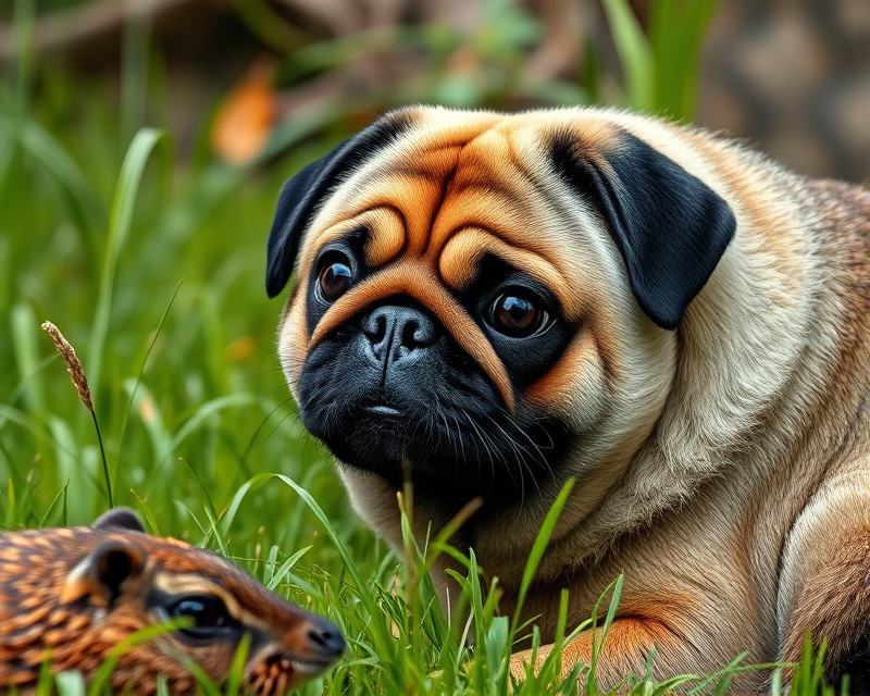 pug, grass, peacock, beaver