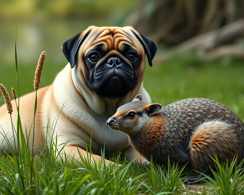 pug, grass, peacock, beaver