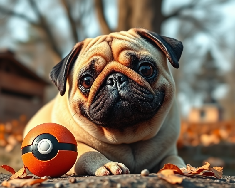 pug, orange, pokeball