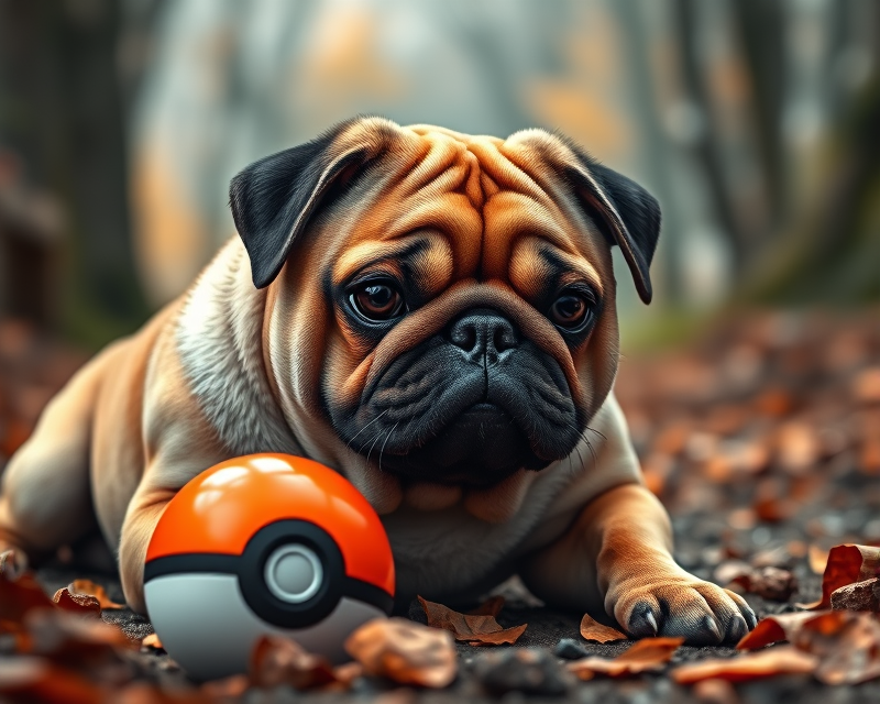 pug, orange, pokeball