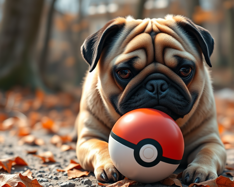 pug, orange, pokeball