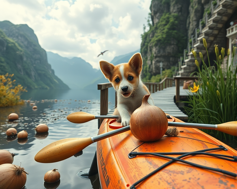 puppy, bridge, alien, kayak, onion