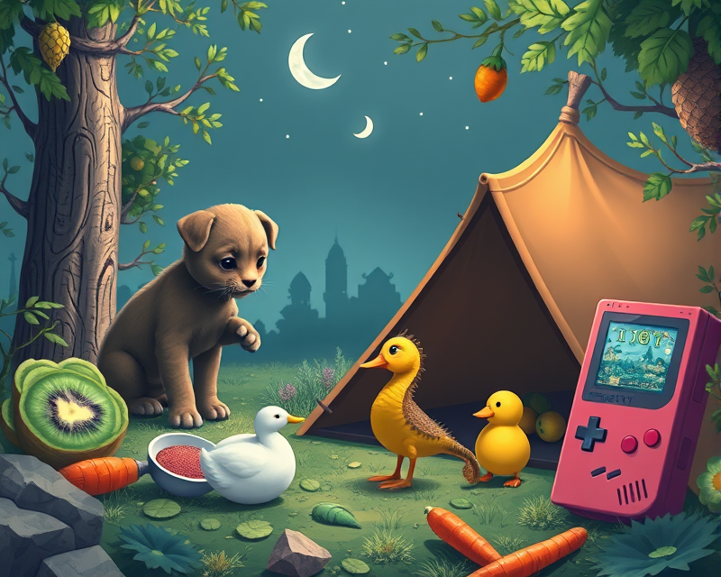 puppy, spoon, panther, carrot, duck, kiwi, tent, cabbage, gameboy, seahorse