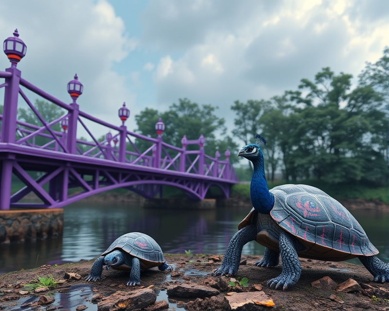 purple, bridge, turtle, robot, peacock