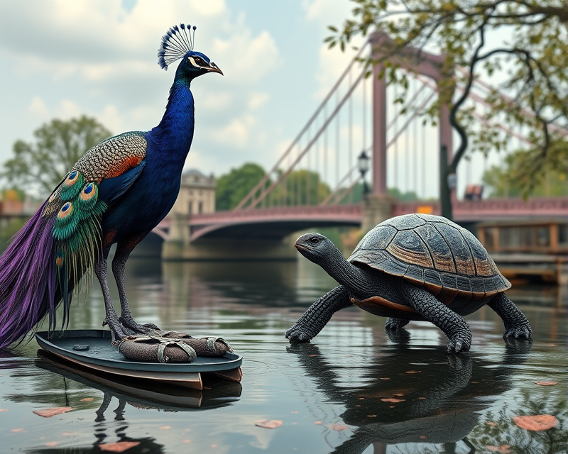 purple, peacock, turtle, bridge, robot