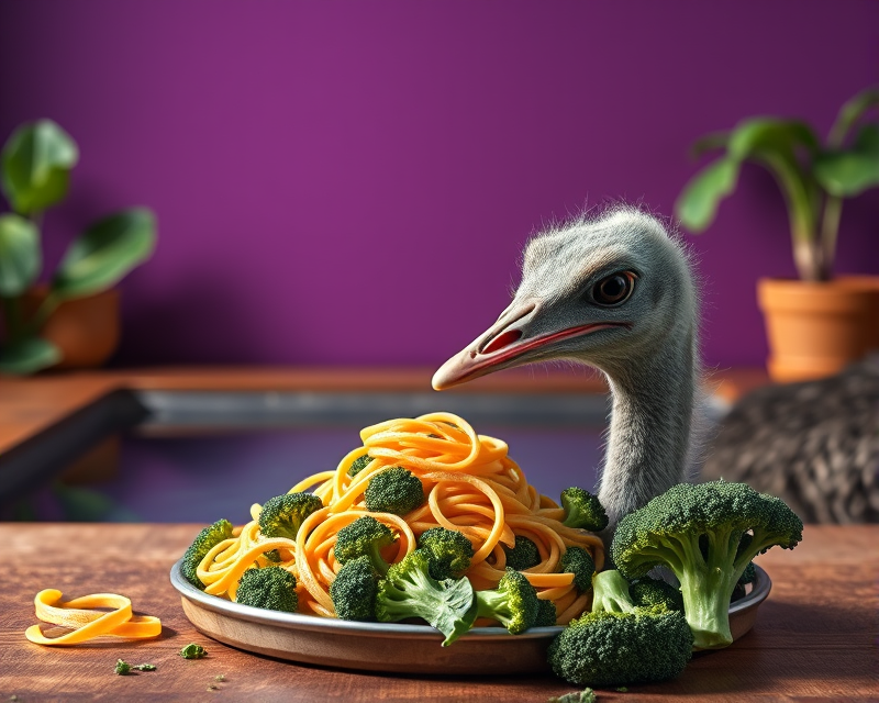 purple, pool, pasta, broccoli, ostrich