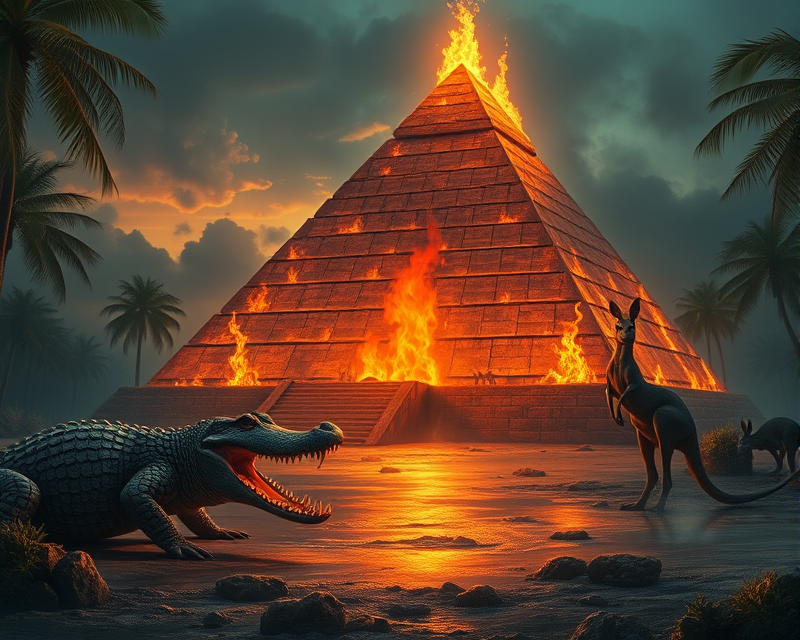 pyramid, fire, seashell, alligator, kangaroo