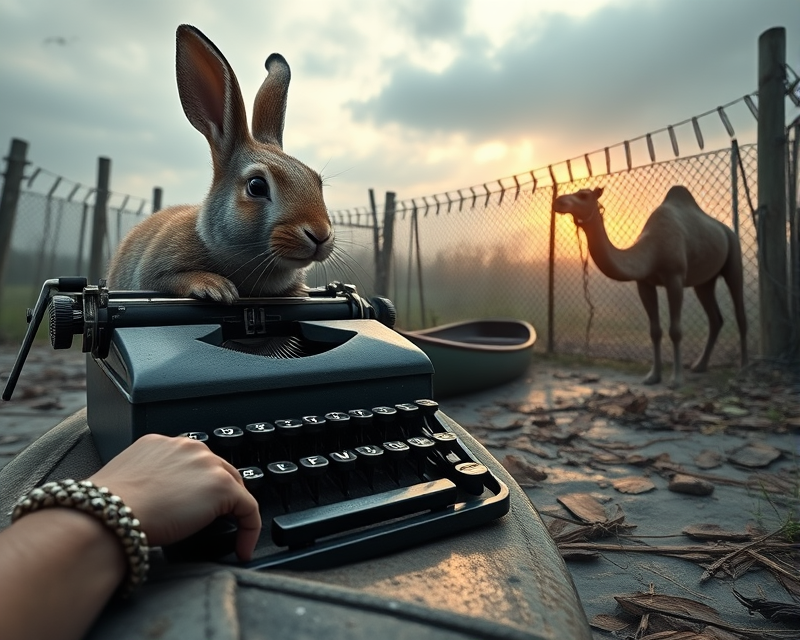 rabbit, typewriter, canoe, bracelet, camel, zombie, fence