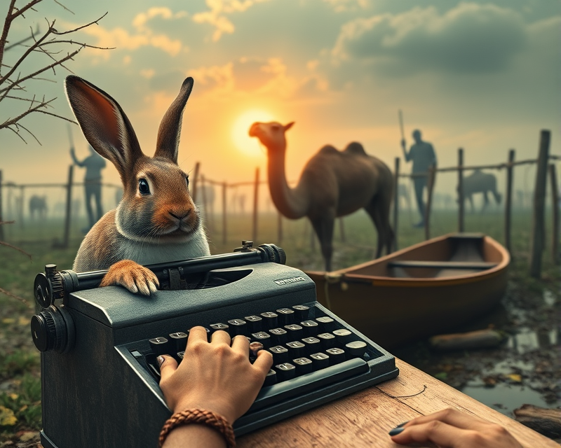 rabbit, typewriter, canoe, bracelet, camel, zombie, fence