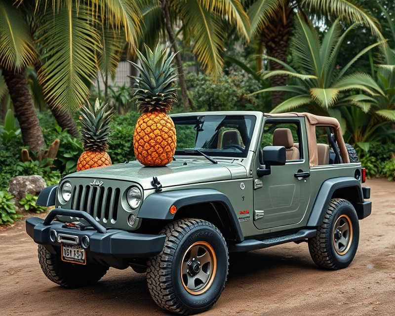 red, jeep, pineapple