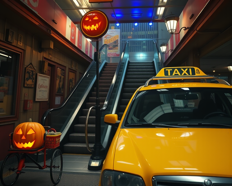 ring, taxi, escalator, tricycle, halloween