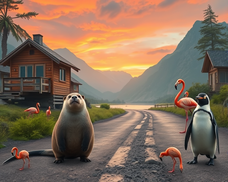 road, otter, flamingo, cabin, penguin