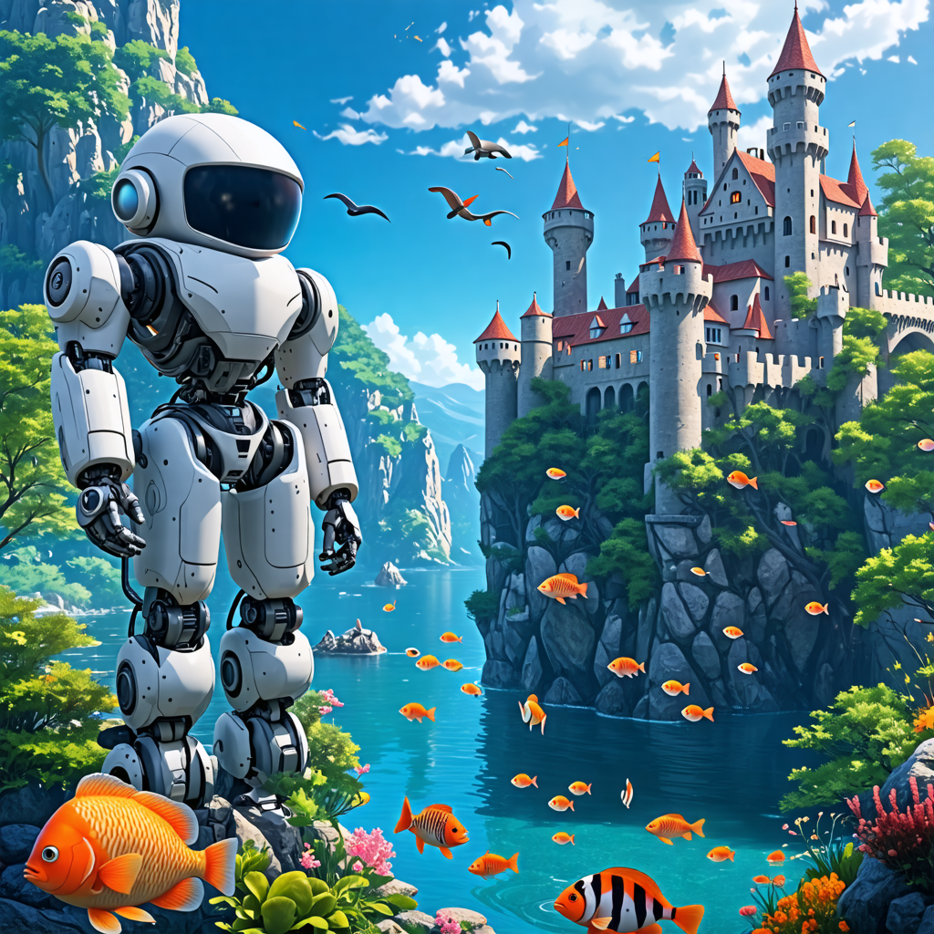 robot, castle, fish