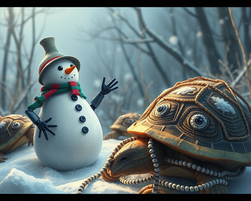 robot, snowman, turtle, anime, yarn