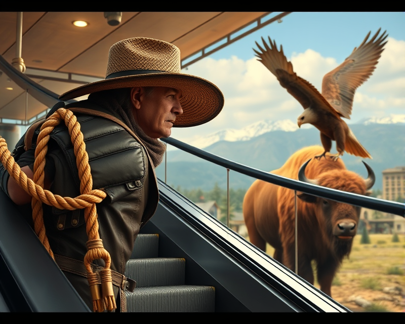 rope, escalator, hat, buffalo, eagle