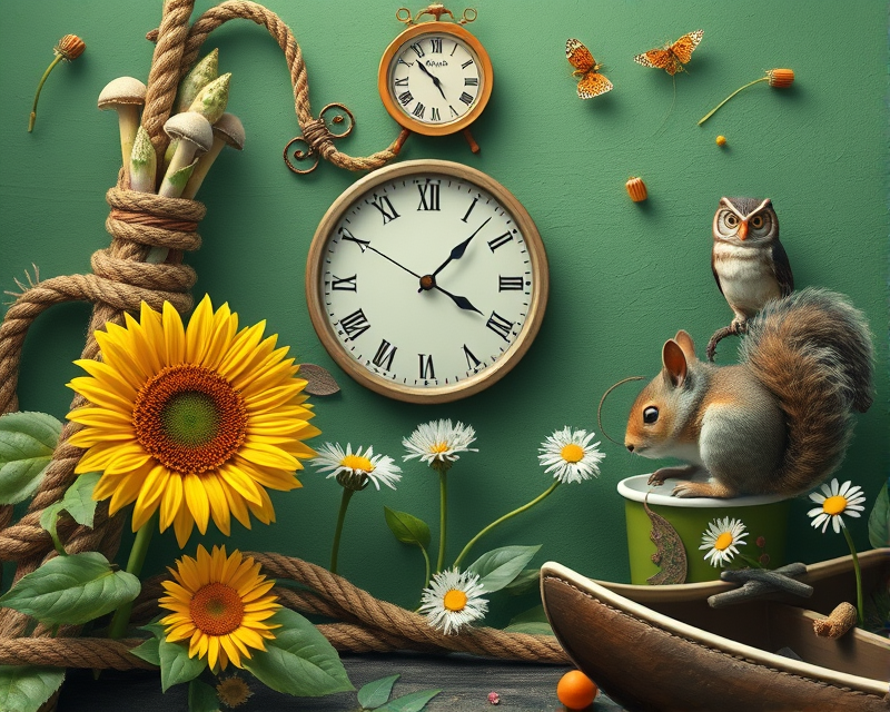 rope, sunflower, mushroom, asparagus, lobster, clock, dandelion, squirrel, cup, daisy, escalator, green, owl, canoe