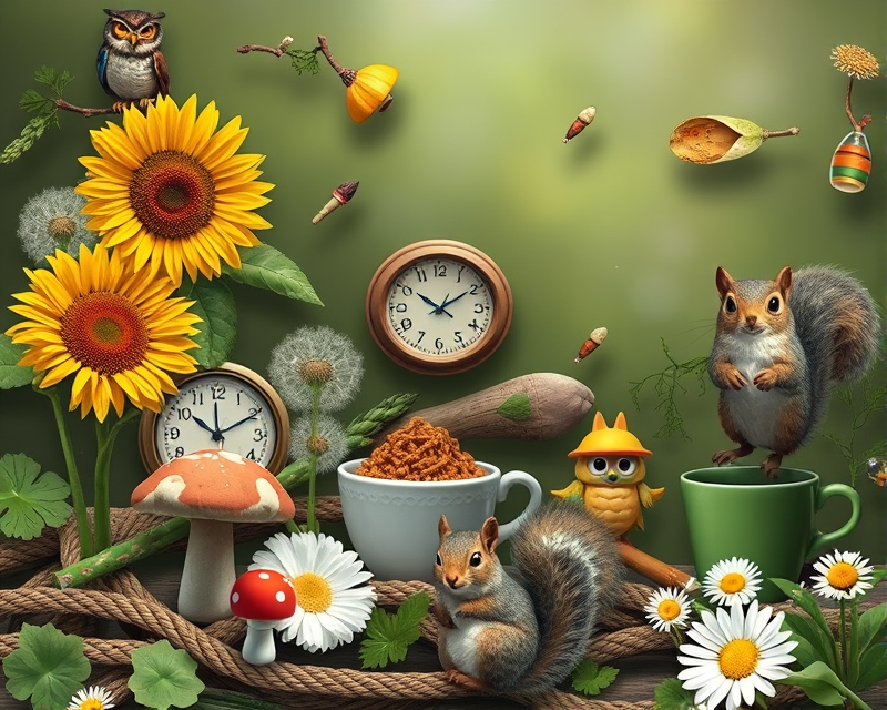 rope, sunflower, mushroom, asparagus, lobster, clock, dandelion, squirrel, cup, daisy, escalator, green, owl, canoe