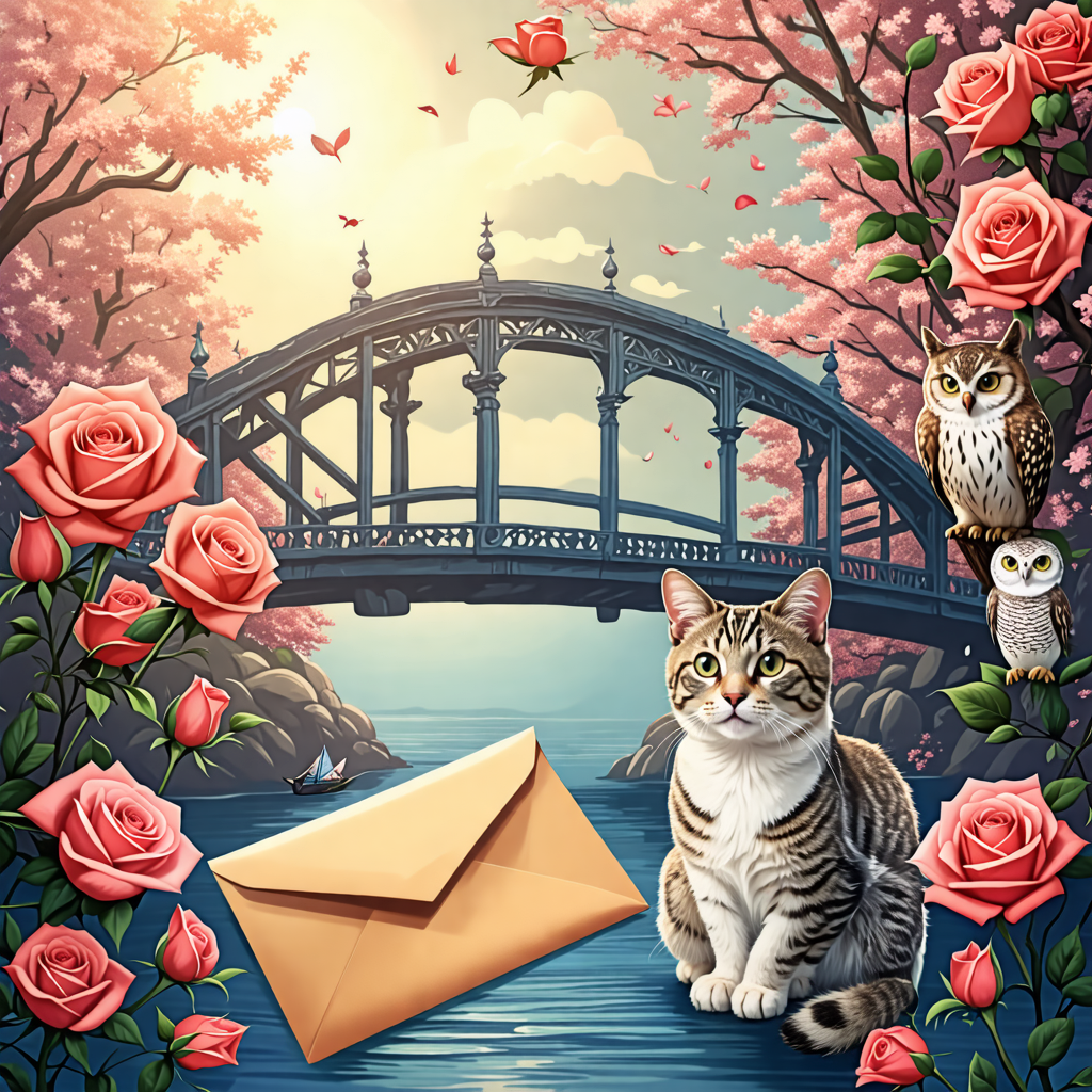 rose, envelope, owl, cat, bridge