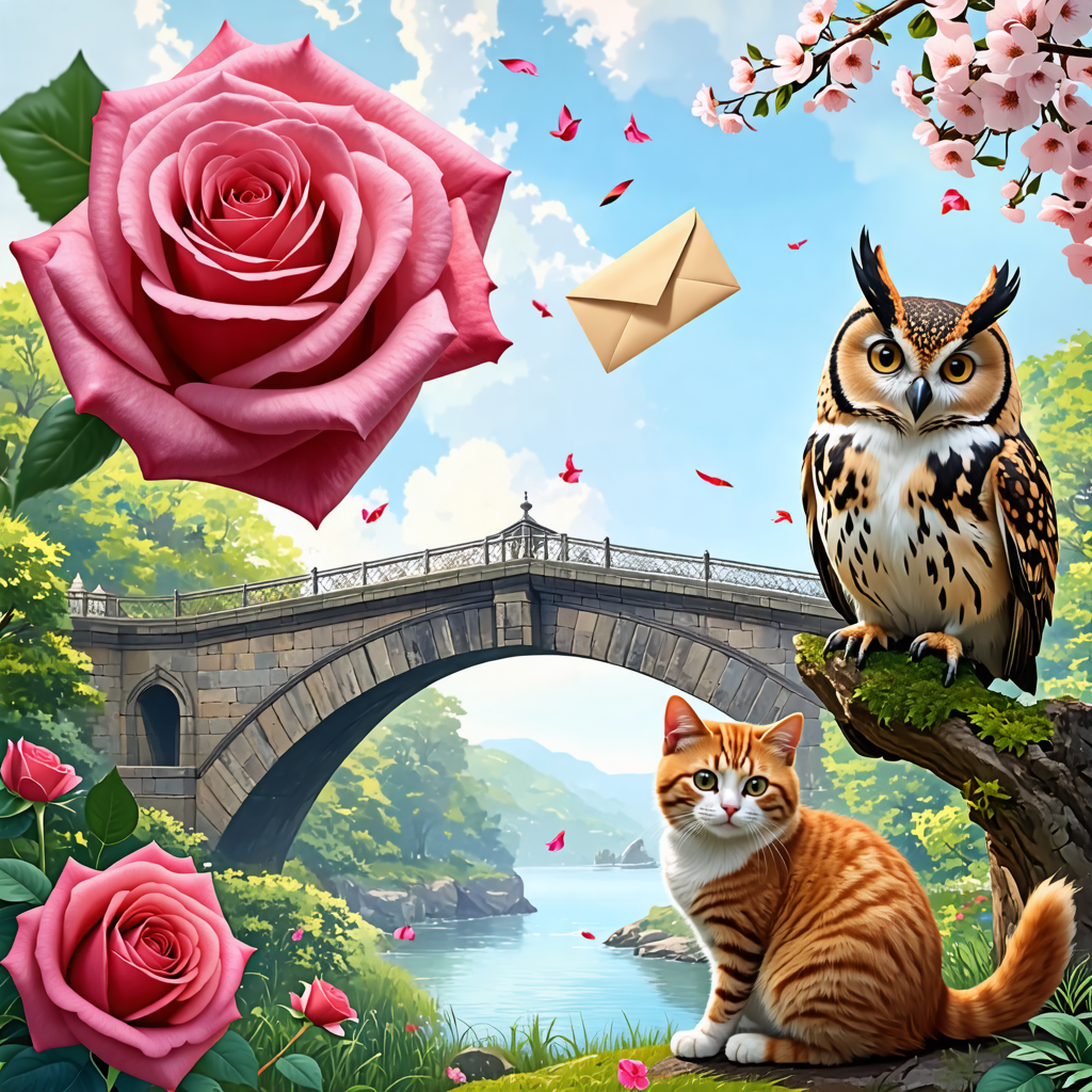 rose, envelope, owl, cat, bridge