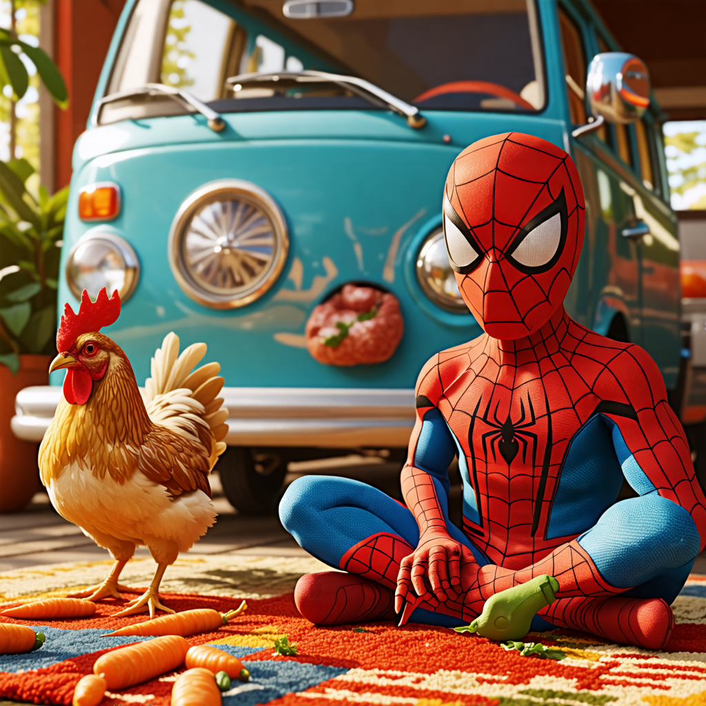 rug, spiderman, chicken, van, carrot