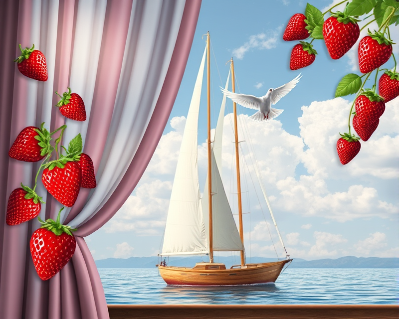 sailboat, curtain, strawberry, dove, bear